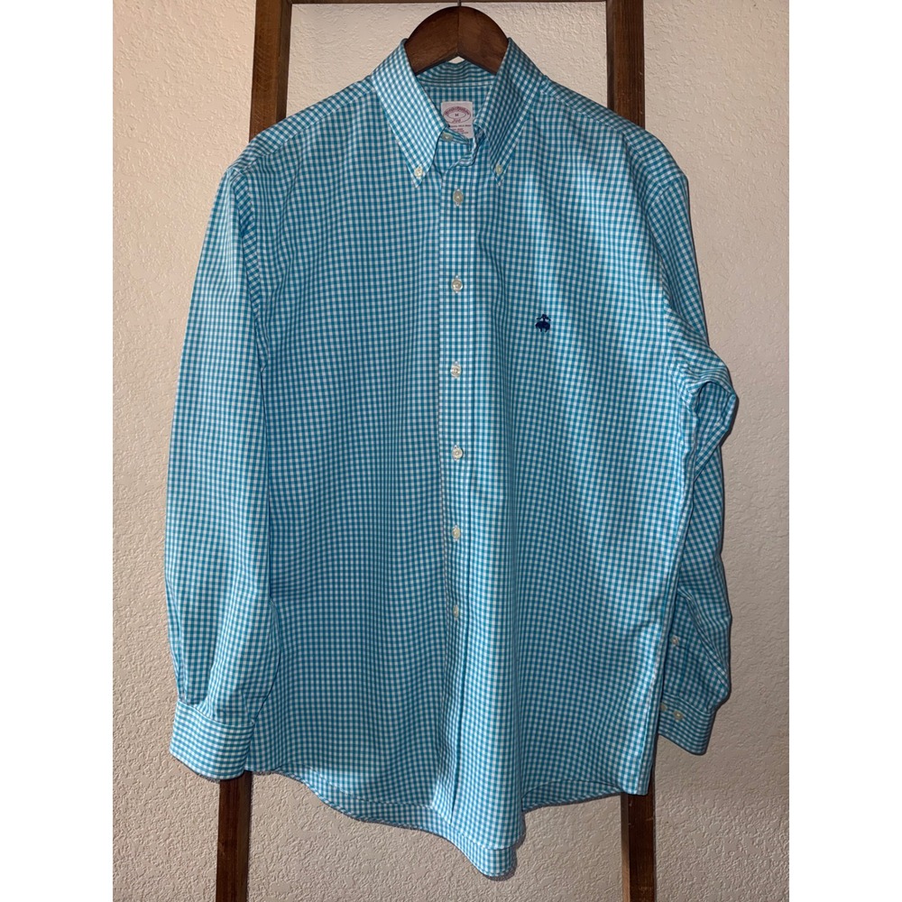 Brooks Brothers 346 Mens Turquoise Gingham Non-Iron Cotton Button Down Shirt M